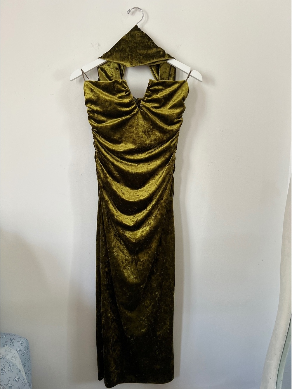 Zara Olive Green Velvet Halter Maxi Dress